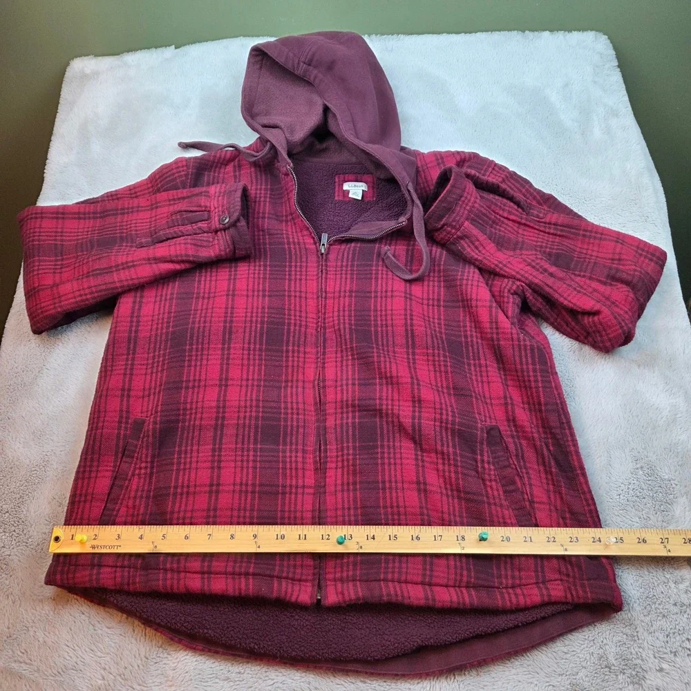 LL Bean Sherpa Lined‎ Flannel Hoodie Mens Large Red Burgundy Plaid Zip Jacket